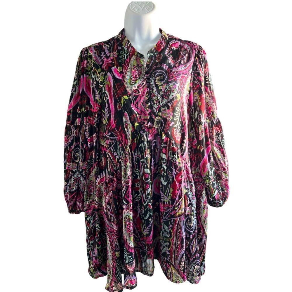 ELAN Fall Dress Midi 3/4 Sleeve Black Fuchsia Round Neck Multi Parsley Size S.